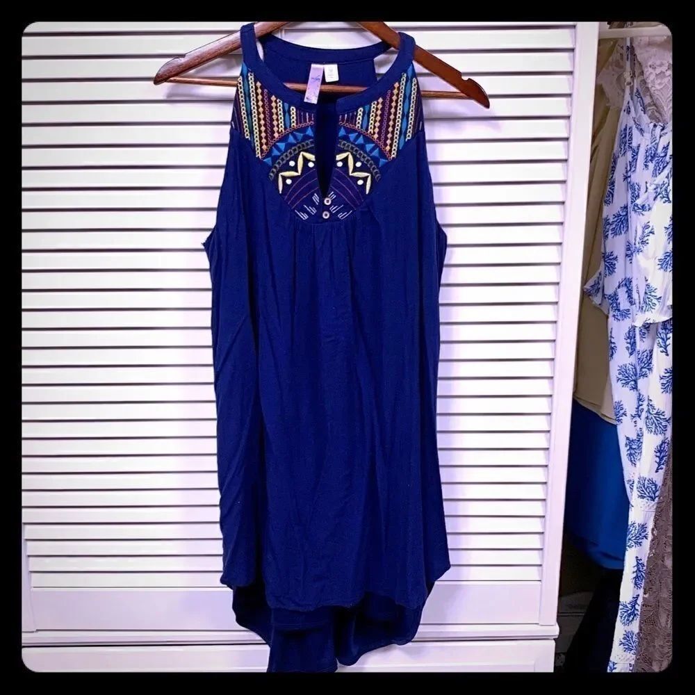 Ayla navy boho swing dress with beaded collar detail size Medium